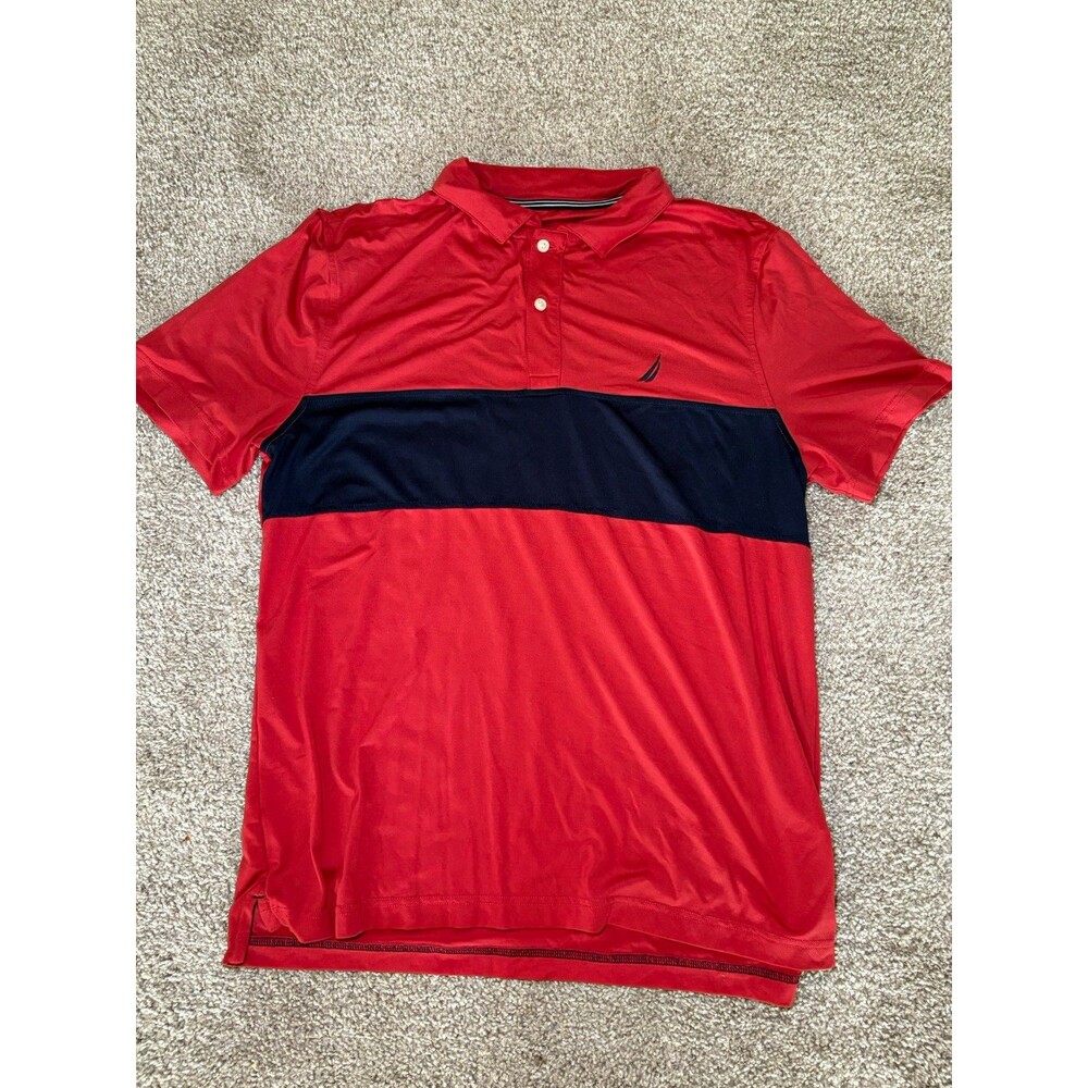 Nautica Classic Fit Men’s M Regular Red Navy Colorblock Polo SS Collared Logo